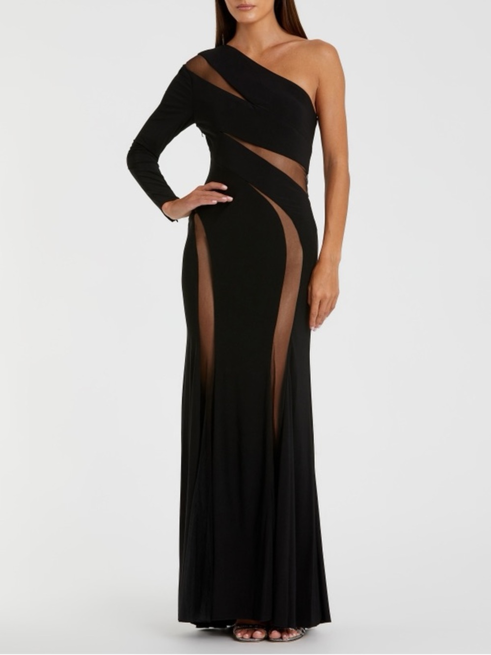 Ieena for Mac Duggal Black One Shoulder Crepe Illusion Cutout Gown Size 4 NWT